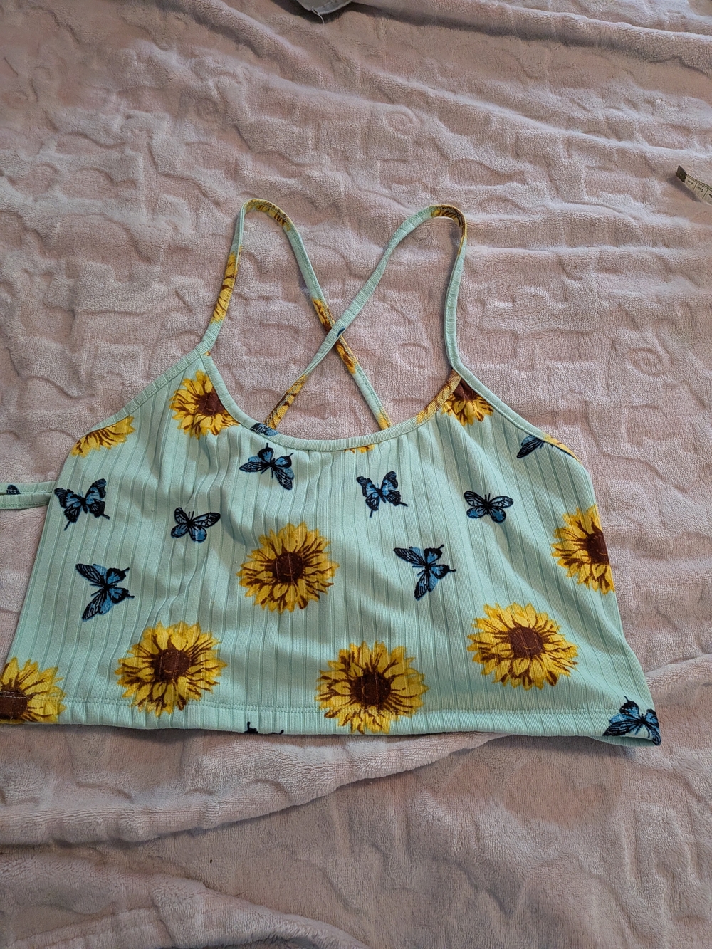 Sunflower & Butterfly Crop Tank Top - Light Mint